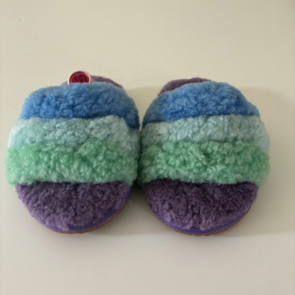 UGG Toddler Size 6 Fluff Yeah Slide Kids Multi-Color Striped Sheepskin Slippers - Picture 2 of 10